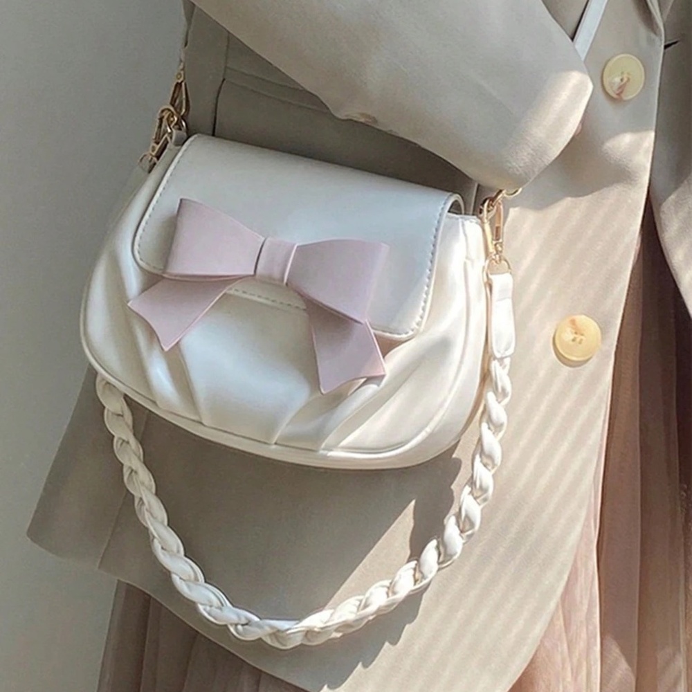 White Bow Saddle Bag 🤍🎀 Ruched Mini Chain Purse Cute Chic ✨